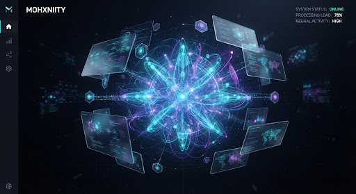 发出青色与紫色光芒的 AI 神经网络核心